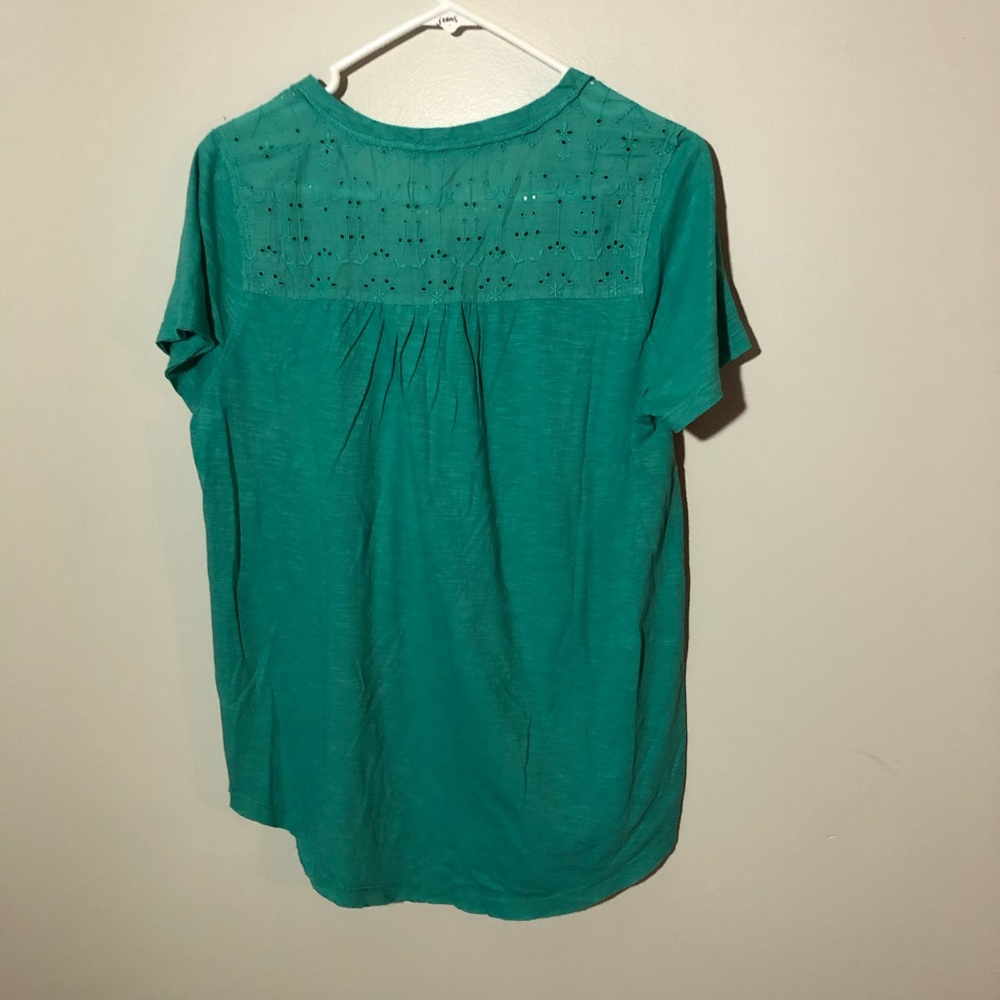 Sundance cotton Henley tshirt blue embroidery pointelle shoulder turquoise sz S - Picture 2 of 13